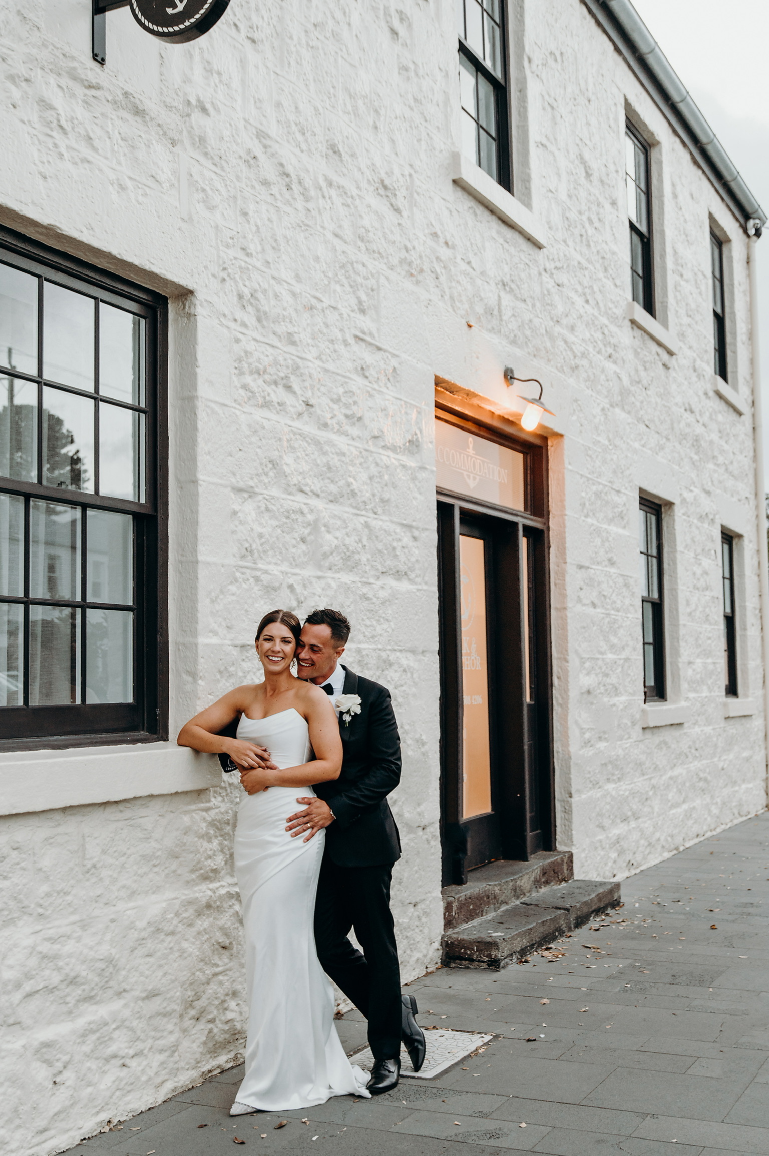 Wedding couple outside Oak & Anchor Hotel, Port Fairy