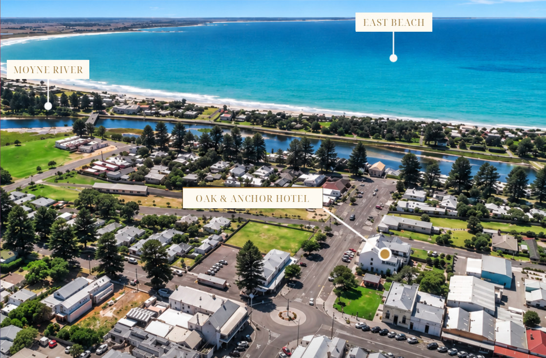 Aerial view of Port Fairy showing the location of Oak & Anchor Hotel